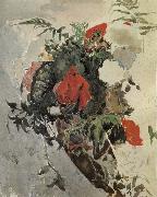 Mikhail Vrubel, Red Flowers and Begonia Leaves in a basket